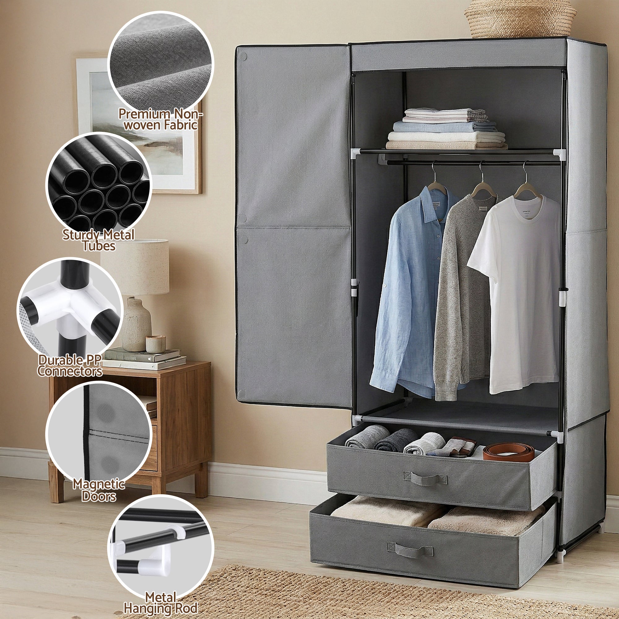 Grey portable clothes wardrobe with magnetic doors, hanging rail, and two lower drawers