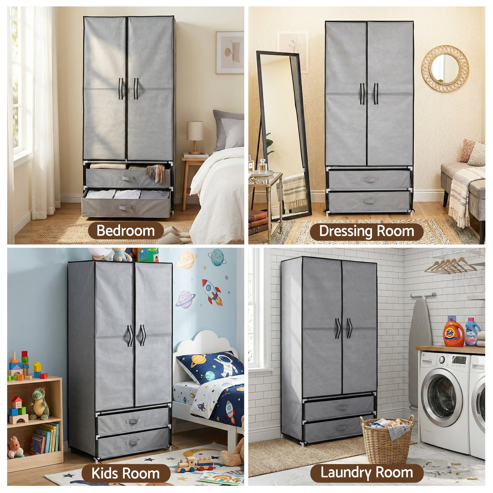 Grey portable wardrobe shown in bedroom, dressing room, kids room, and laundry room