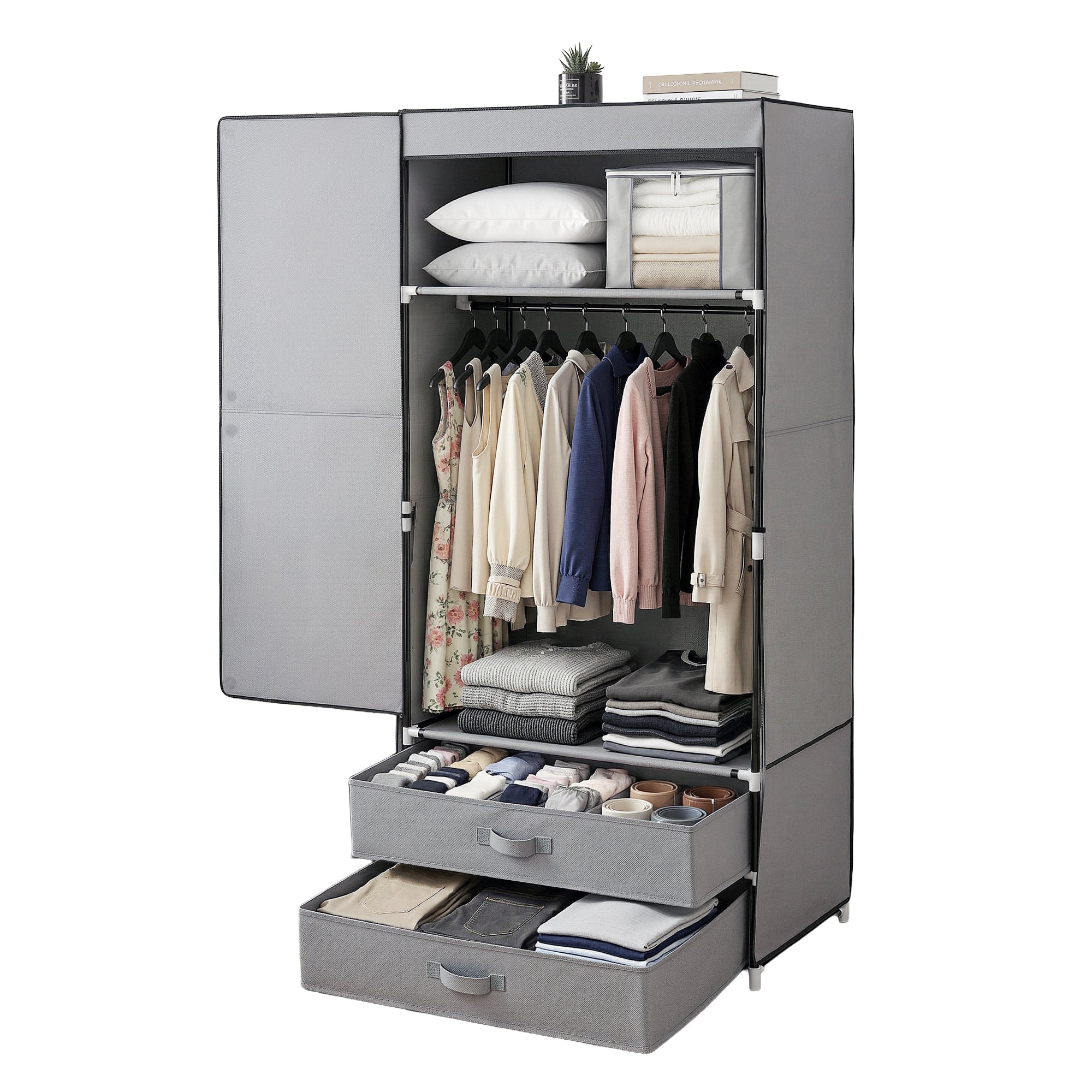 Grey portable clothes wardrobe with open doors, hanging rail, shelves and two front drawers