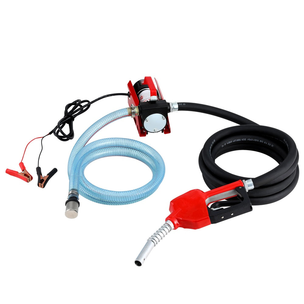 Electric fuel transfer pump kit with red nozzle, hoses, black cable and 12V clamps