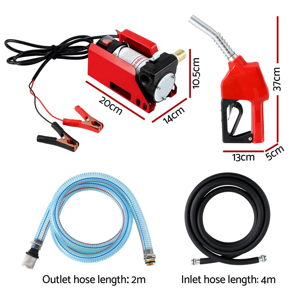 Electric fuel transfer pump with red control box, blue outlet hose and black inlet hose