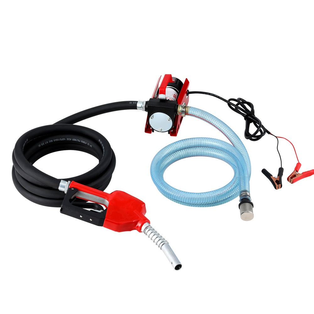 Electric fuel transfer pump set with red nozzle, black and blue hoses, power leads