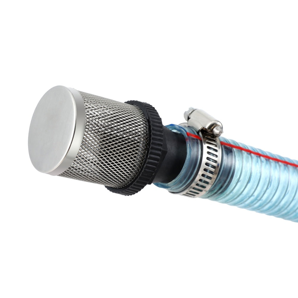 Fuel transfer pump hose outlet with metal mesh filter sleeve and blue corrugated hose