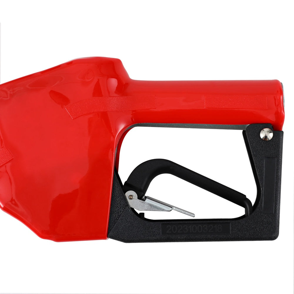 Red fuel pump nozzle handle with black grip and discharge spout