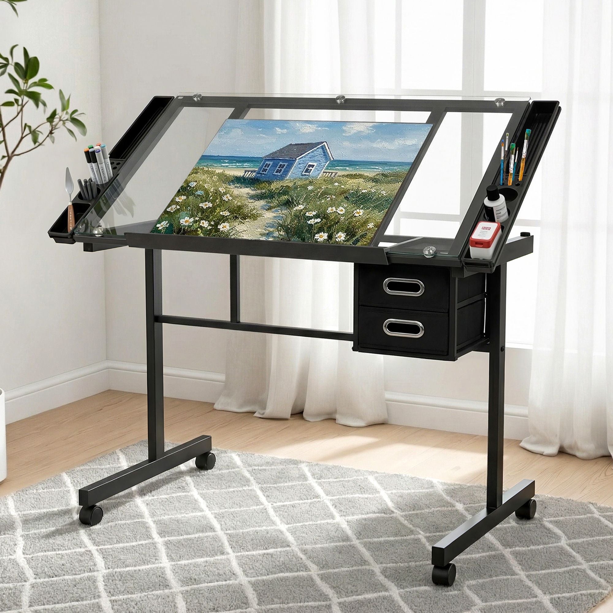 Artiss Drawing Desk Drafting Table Black Bedworld