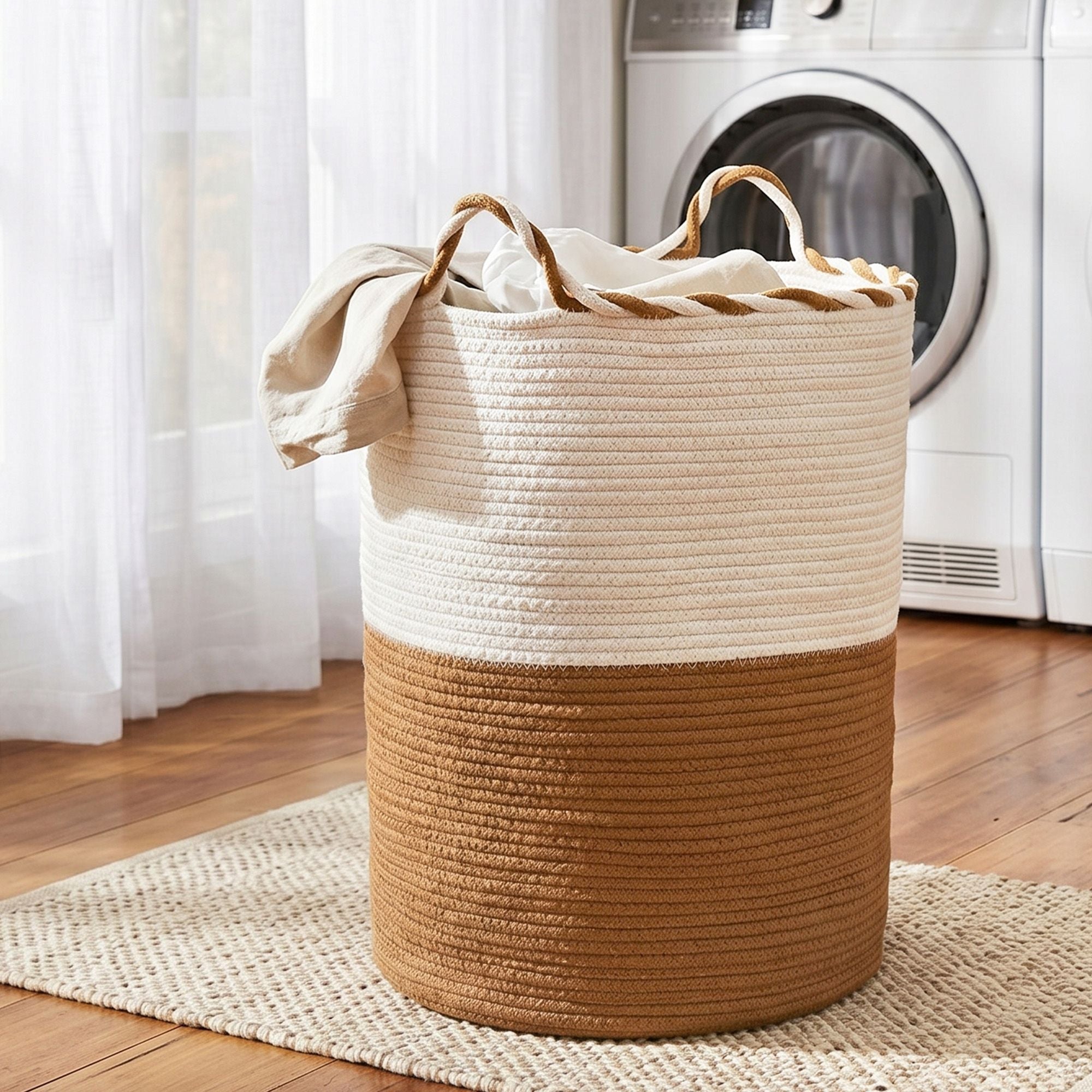 Artiss Woven Laundry Basket with handles Foldable White & Brown Bedworld