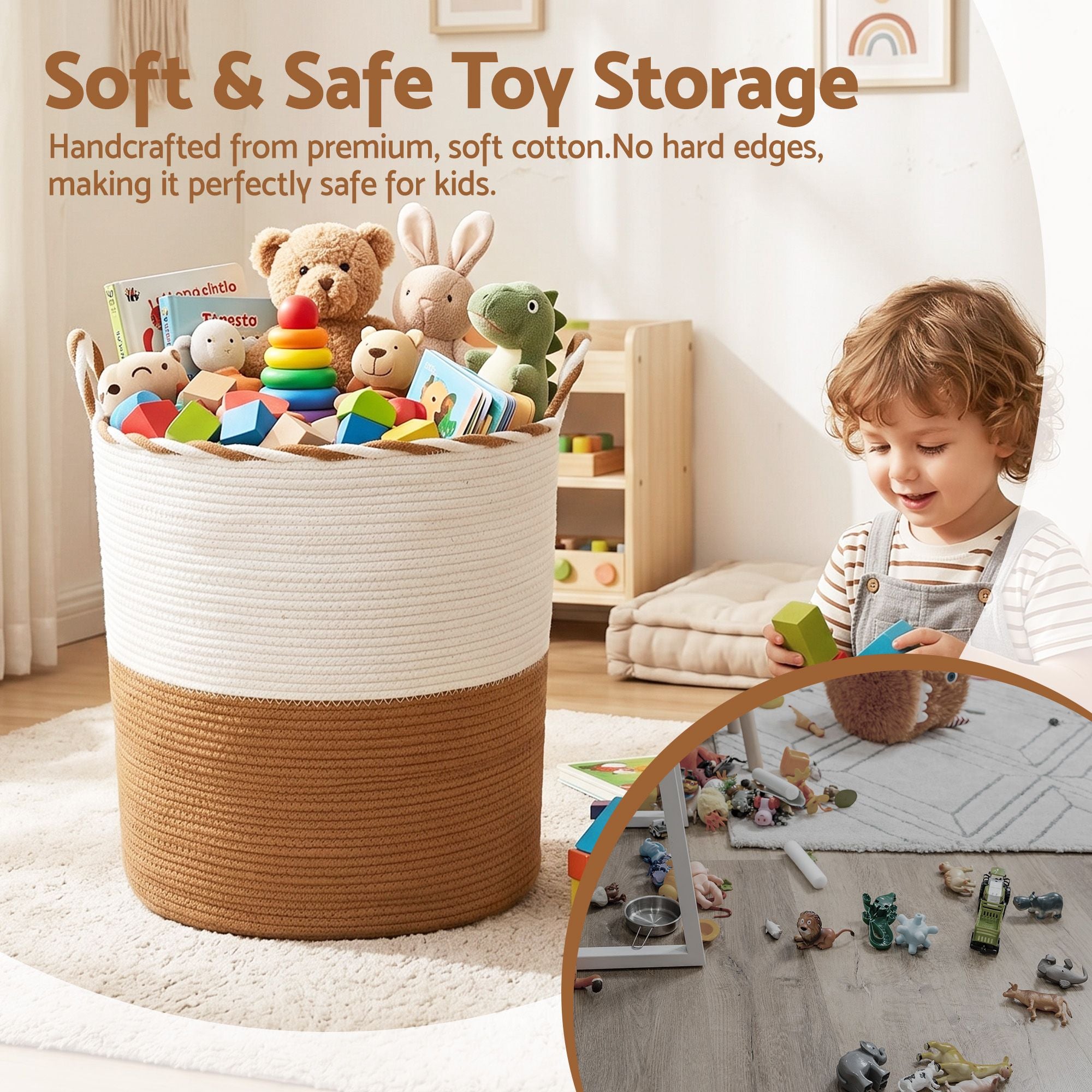 Artiss Woven Laundry Basket with handles Foldable White & Brown Bedworld