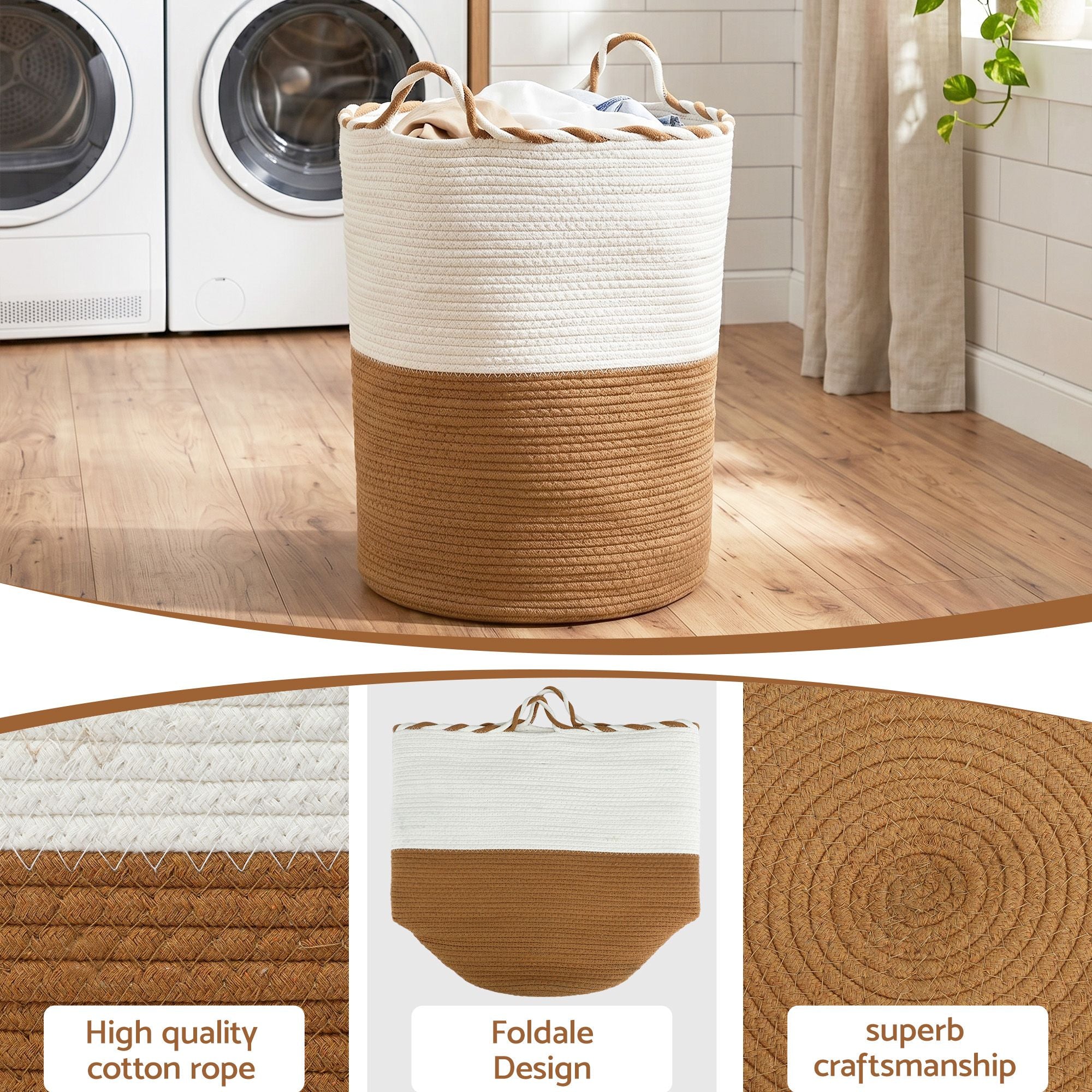 Artiss Woven Laundry Basket with handles Foldable White & Brown Bedworld