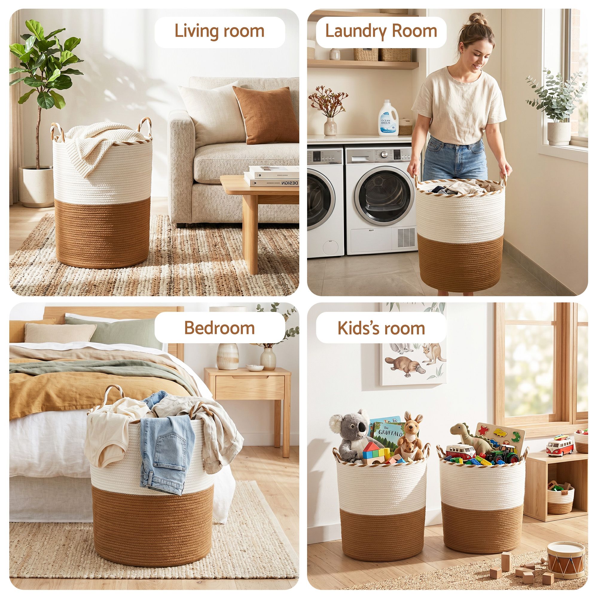 Artiss Woven Laundry Basket with handles Foldable White & Brown Bedworld
