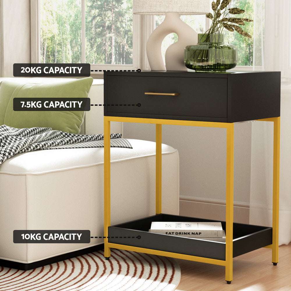 Artiss Bedside Table Drawers Side Table Shelf Storage Nightstand Black MASON
