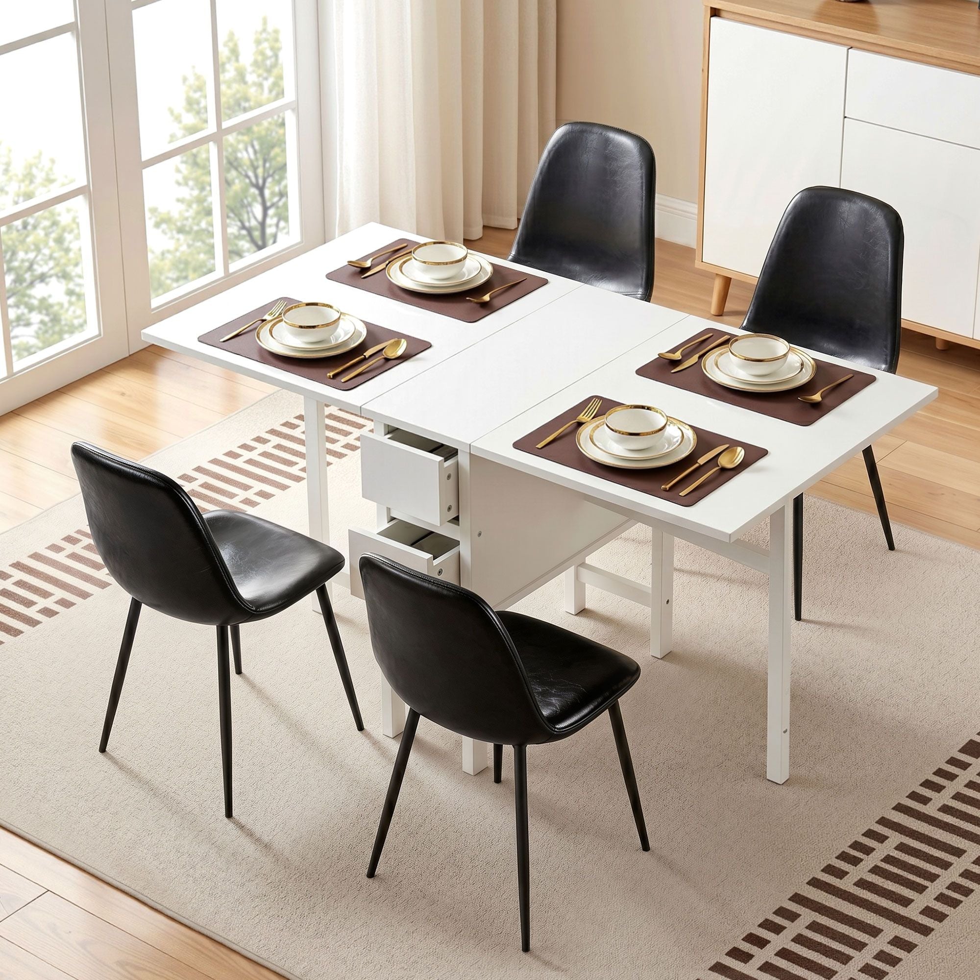 Artiss Dining Table and Chairs Set 5pcs Foldable with 2 Drawers Black and White Bedworld