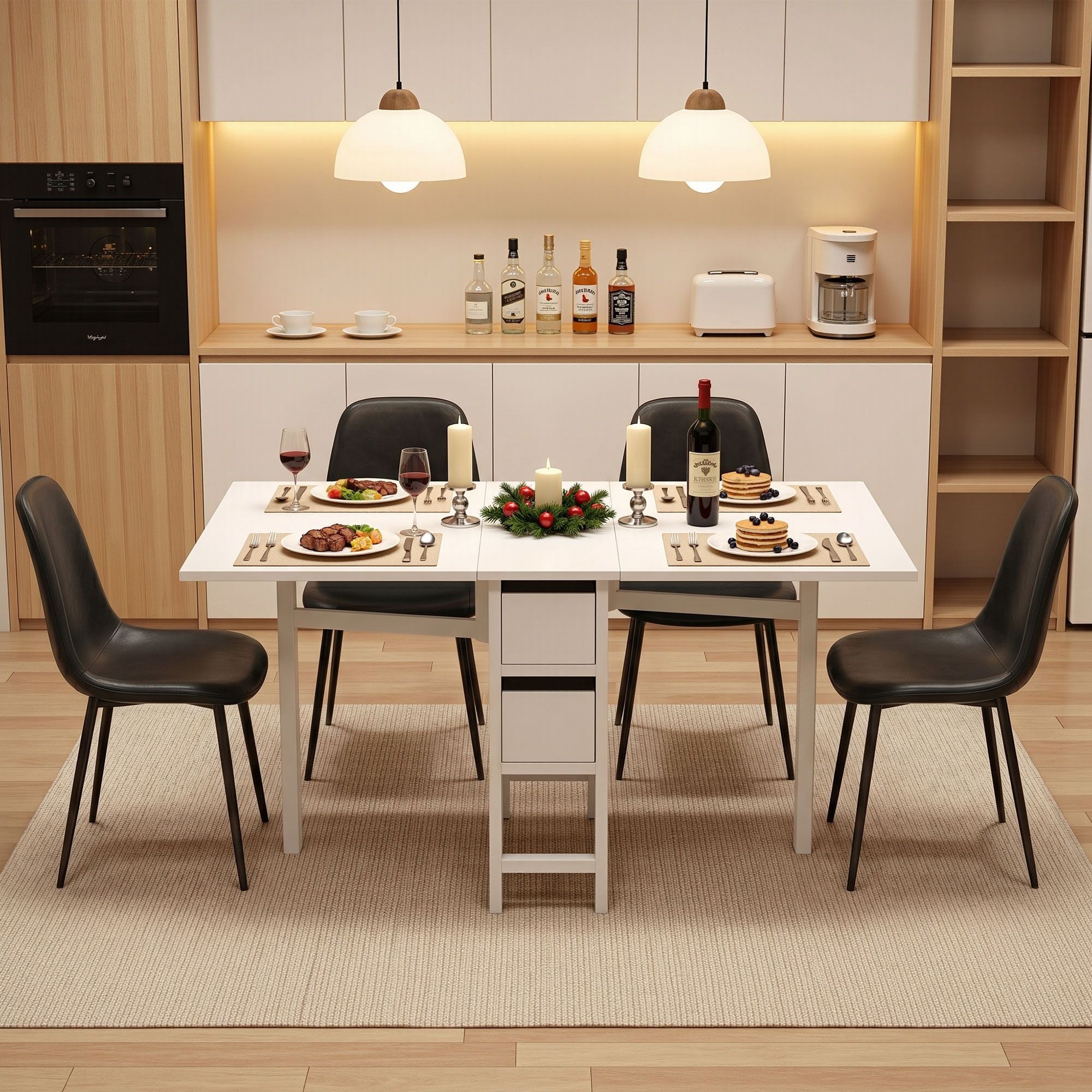 Artiss Dining Table and Chairs Set 5pcs Foldable with 2 Drawers Black and White Bedworld