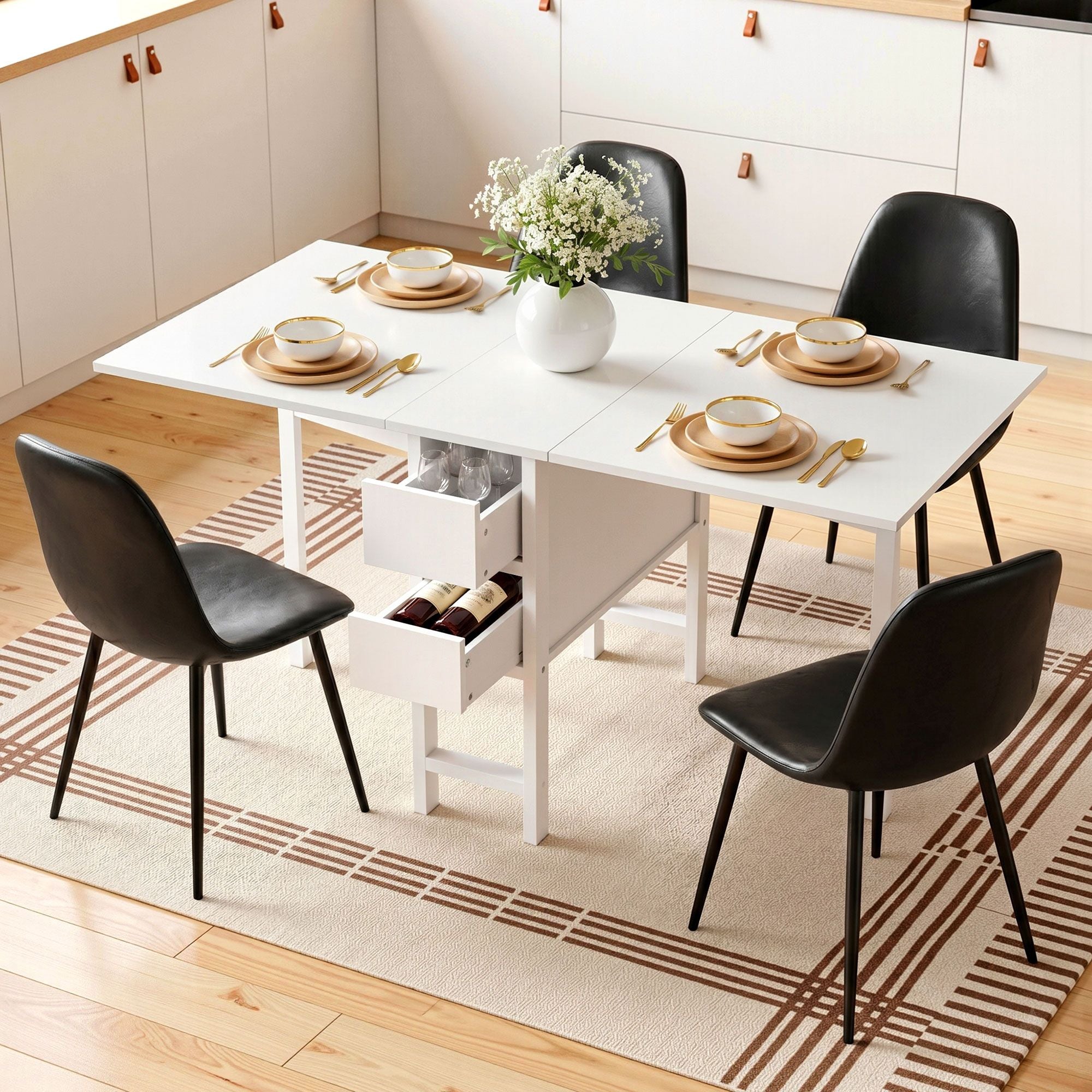 Artiss Dining Table and Chairs Set 5pcs Foldable with 2 Drawers Black and White Bedworld