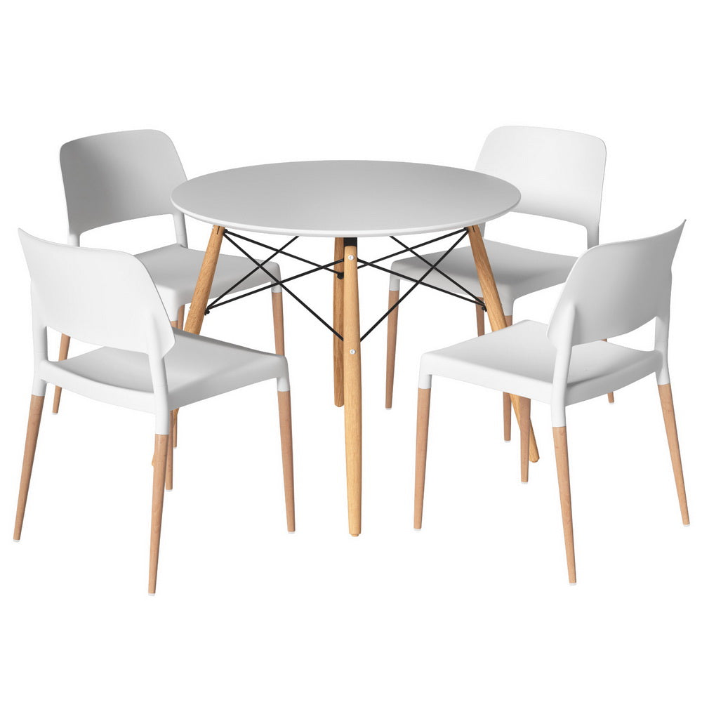 1 Artiss Dining Table and 4 Chairs Set Round White Bedworld