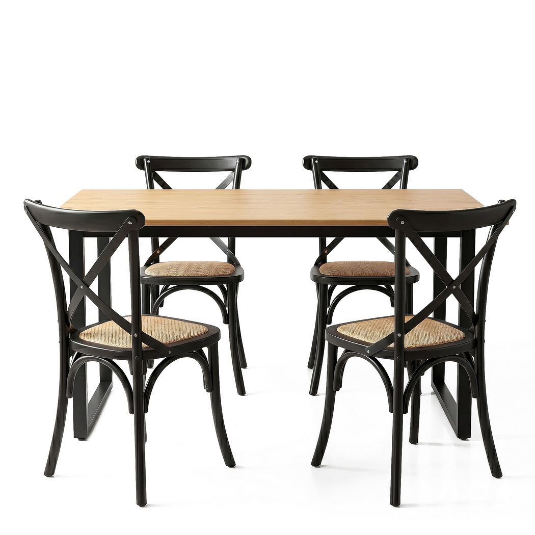 Artiss Dining Table and Chairs Set 5PCS Industrial 4 Black Rattan Chairs for Kitchen, Dining Room, Café Bedworld