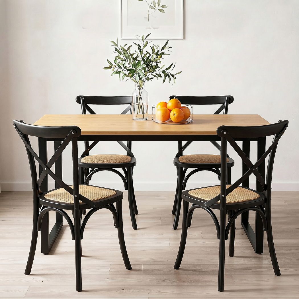 Artiss Dining Table and Chairs Set 5PCS Industrial 4 Black Rattan Chairs for Kitchen, Dining Room, Café Bedworld