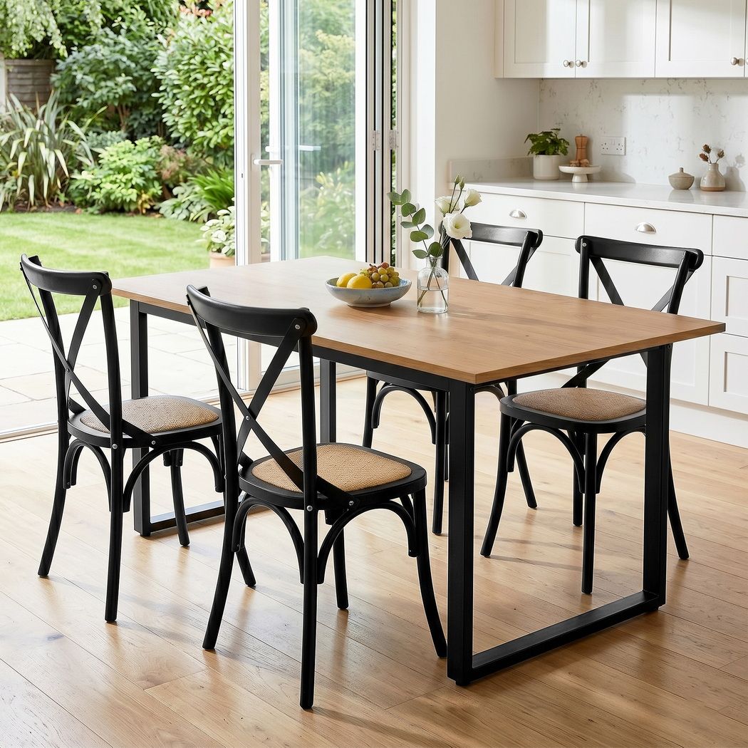 Artiss Dining Table and Chairs Set 5PCS Industrial 4 Black Rattan Chairs for Kitchen, Dining Room, Café Bedworld