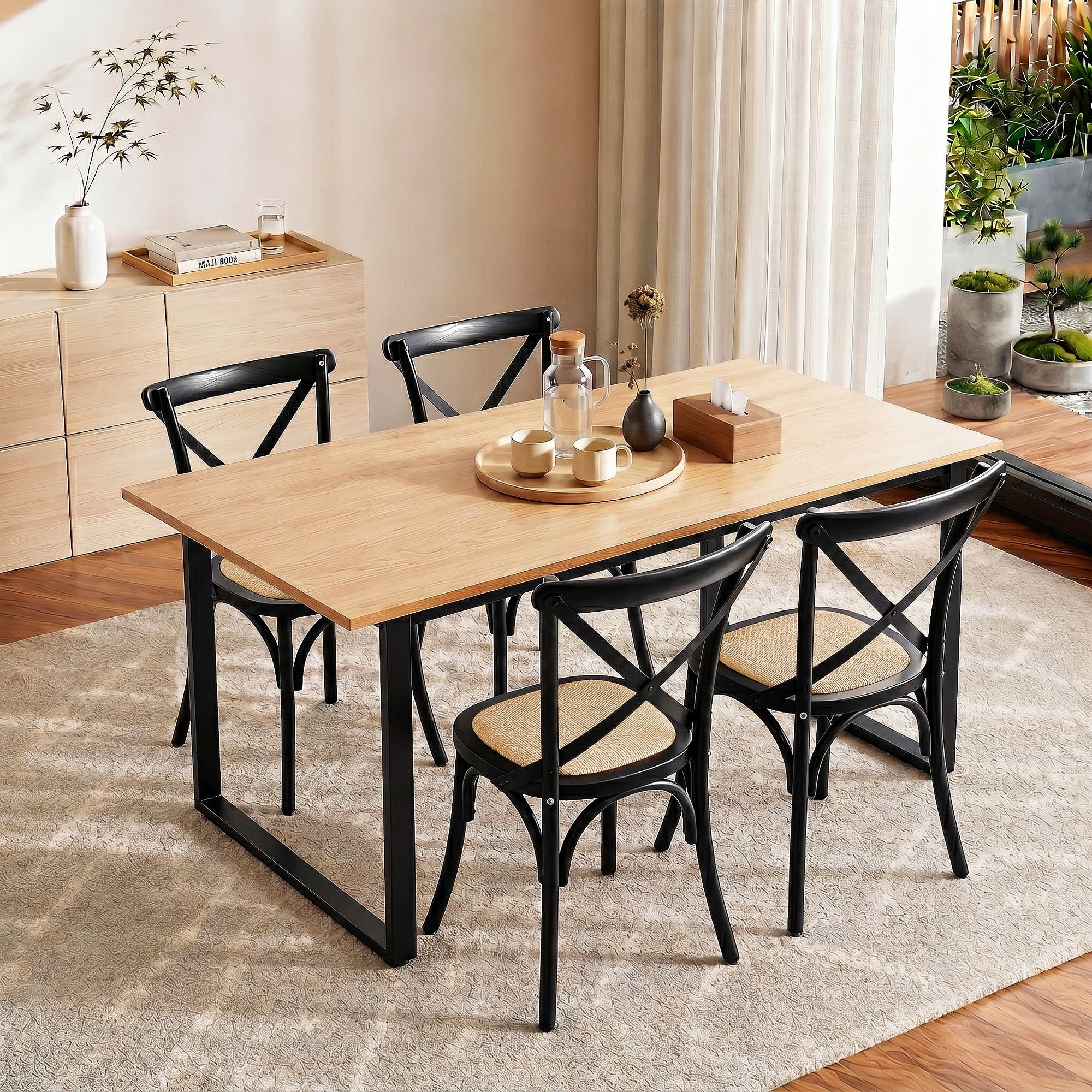 Artiss Dining Table and Chairs Set 5PCS Industrial 4 Black Rattan Chairs for Kitchen, Dining Room, Café Bedworld