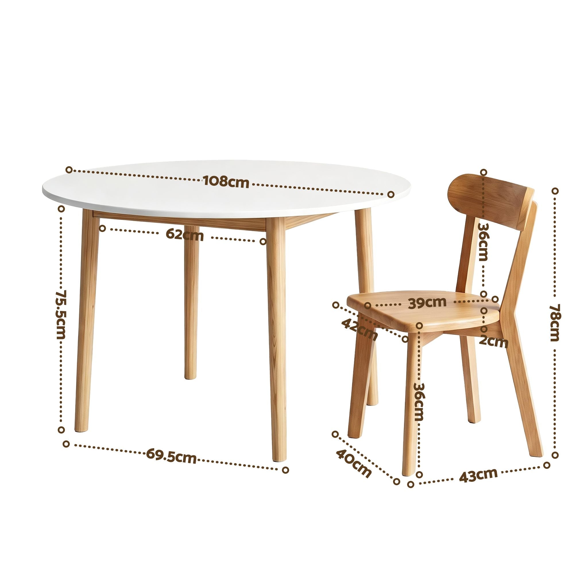 Artiss Round Dining Table and Chairs Set 5 PCS, 108cm Compact Kitchen Table Set with Solid Pine Wood Legs & 4 Ergonomic Rubber Wood Chairs,White Timber Dining Set for Small Space Bedworld