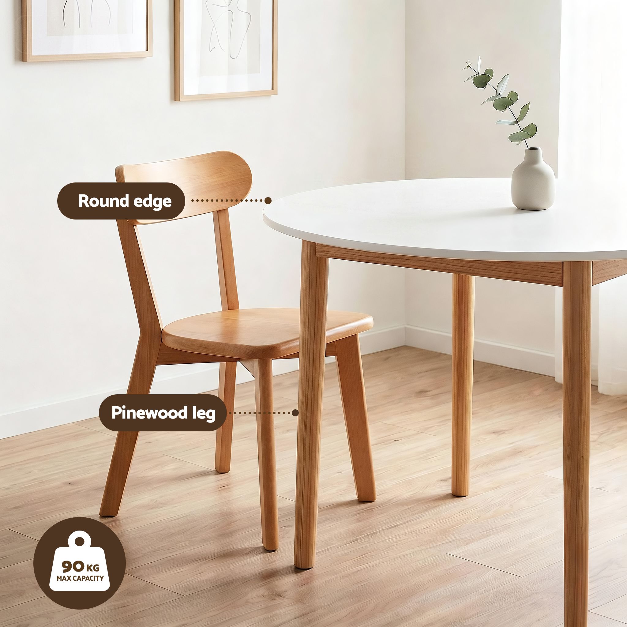 Artiss Round Dining Table and Chairs Set 5 PCS, 108cm Compact Kitchen Table Set with Solid Pine Wood Legs & 4 Ergonomic Rubber Wood Chairs,White Timber Dining Set for Small Space Bedworld