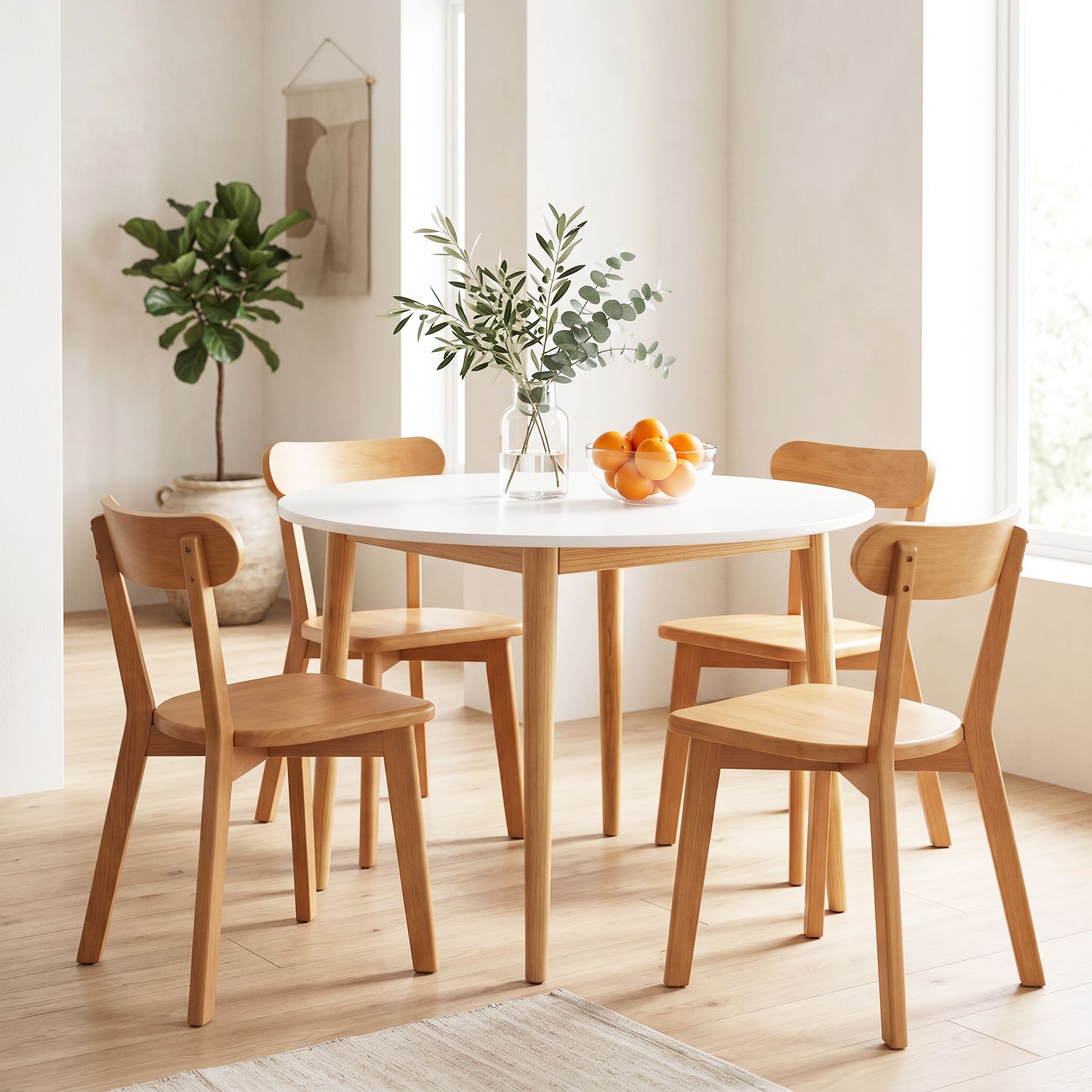 Artiss Round Dining Table and Chairs Set 5 PCS, 108cm Compact Kitchen Table Set with Solid Pine Wood Legs & 4 Ergonomic Rubber Wood Chairs,White Timber Dining Set for Small Space Bedworld