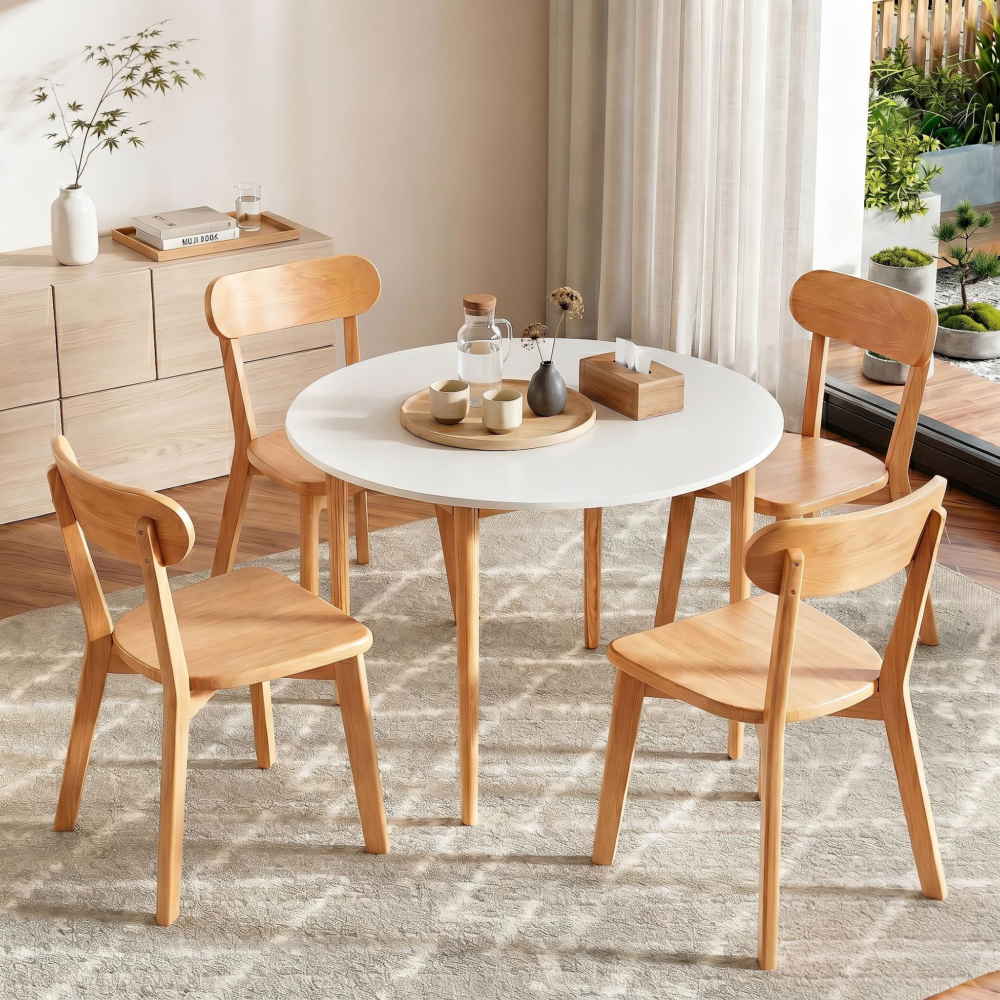 Artiss Round Dining Table and Chairs Set 5 PCS, 108cm Compact Kitchen Table Set with Solid Pine Wood Legs & 4 Ergonomic Rubber Wood Chairs,White Timber Dining Set for Small Space Bedworld