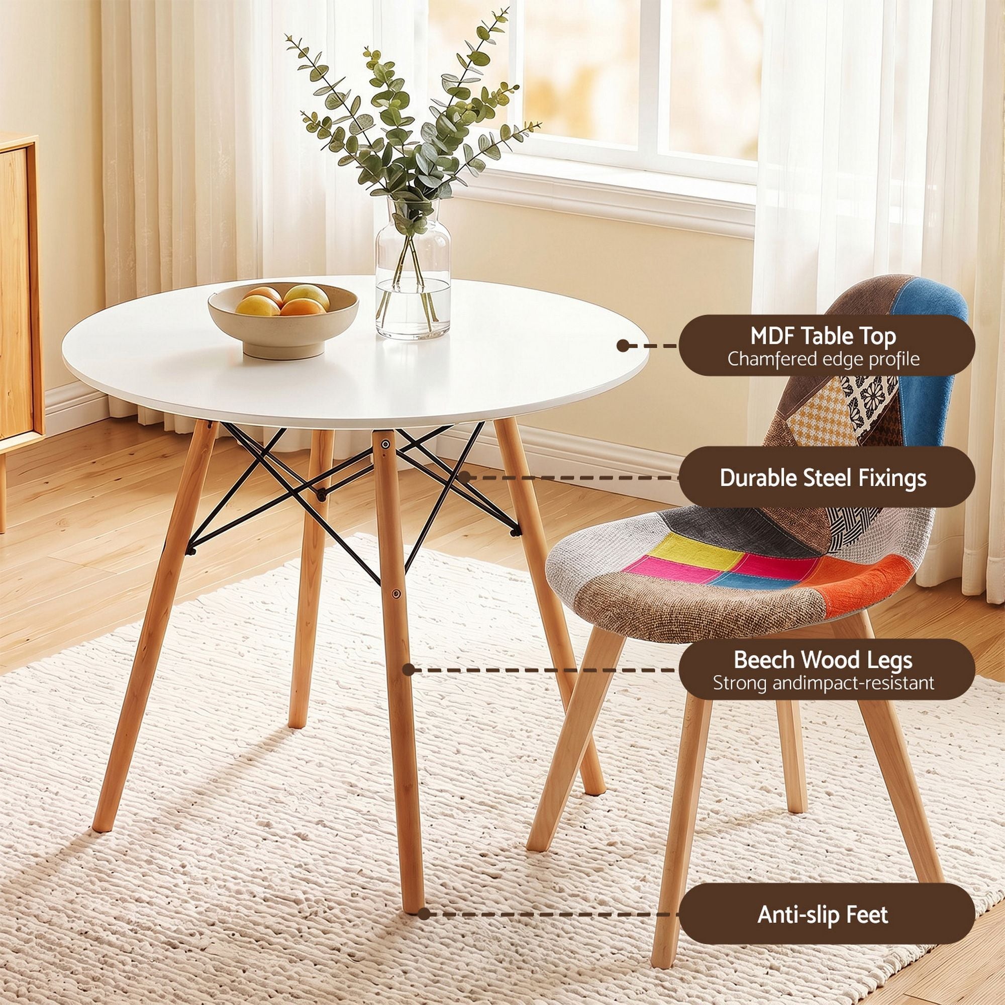 Artiss Dining Table and Chairs Set 3PCS Round 2 Seater Dining Set for Kitchen, Apartment, Dining Room White Bedworld