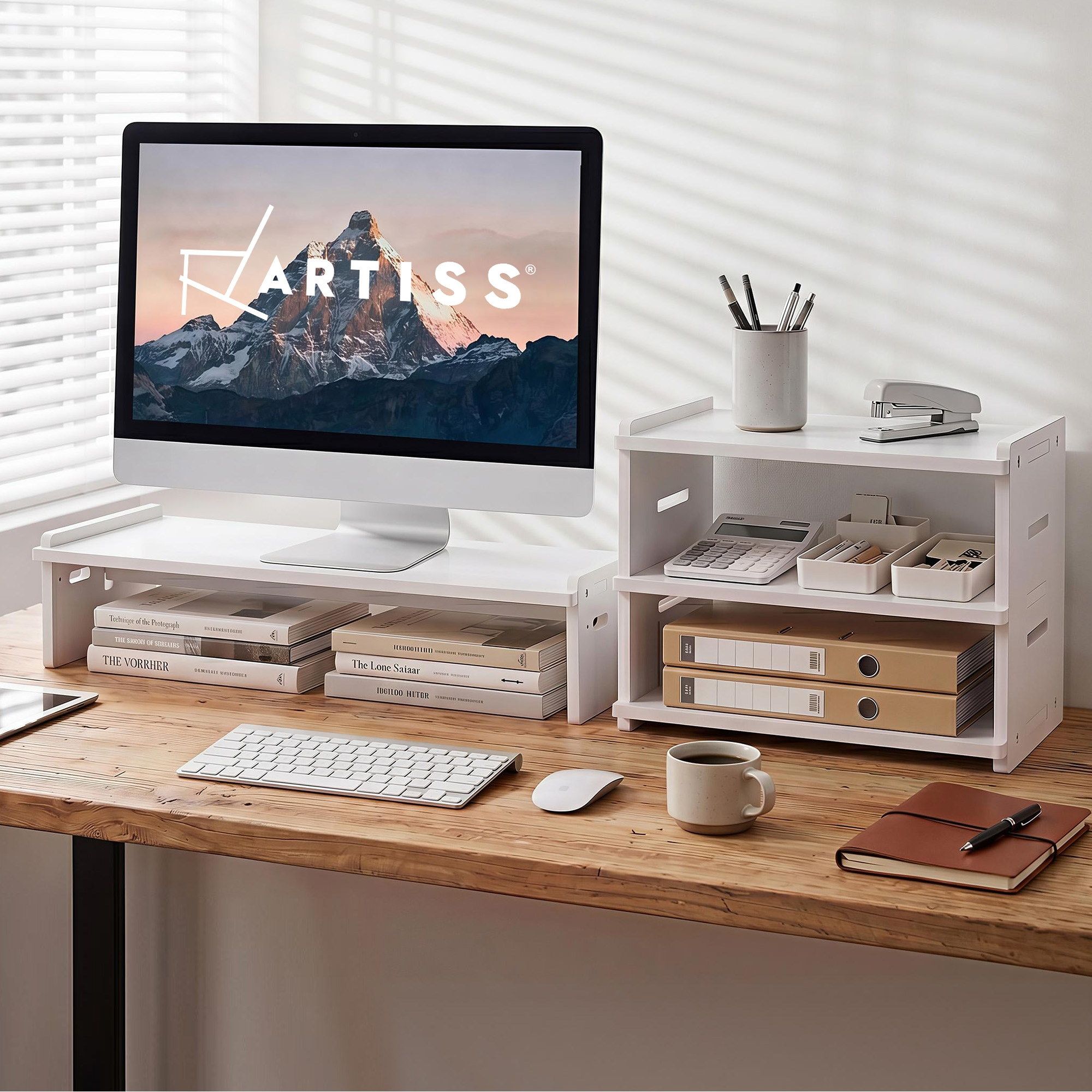 Artiss Monitor Stand and 3-Tier Desk Organiser 2-in-1 Modular Computer Monitor Riser PVC Desktop Shelf Holds 20kg for Office Students Gaming Bedworld