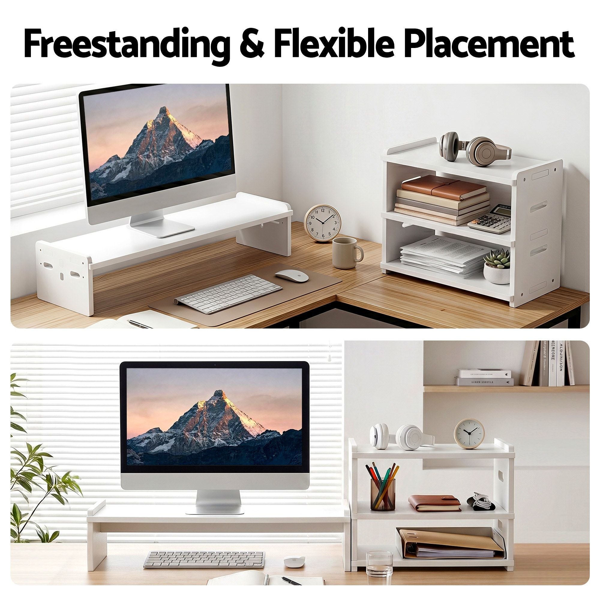 Artiss Monitor Stand and 3-Tier Desk Organiser 2-in-1 Modular Computer Monitor Riser PVC Desktop Shelf Holds 20kg for Office Students Gaming Bedworld