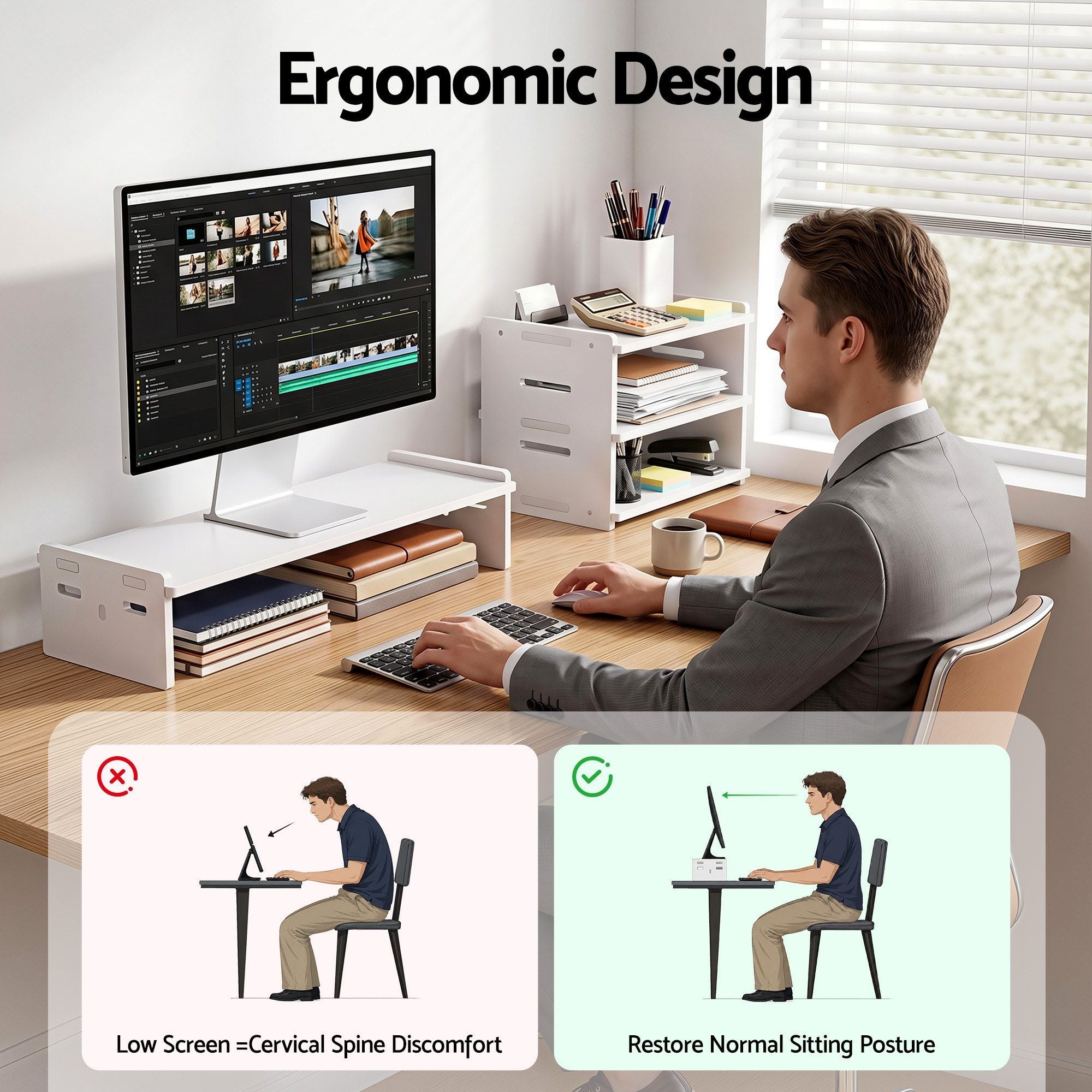 Artiss Monitor Stand and 3-Tier Desk Organiser 2-in-1 Modular Computer Monitor Riser PVC Desktop Shelf Holds 20kg for Office Students Gaming Bedworld