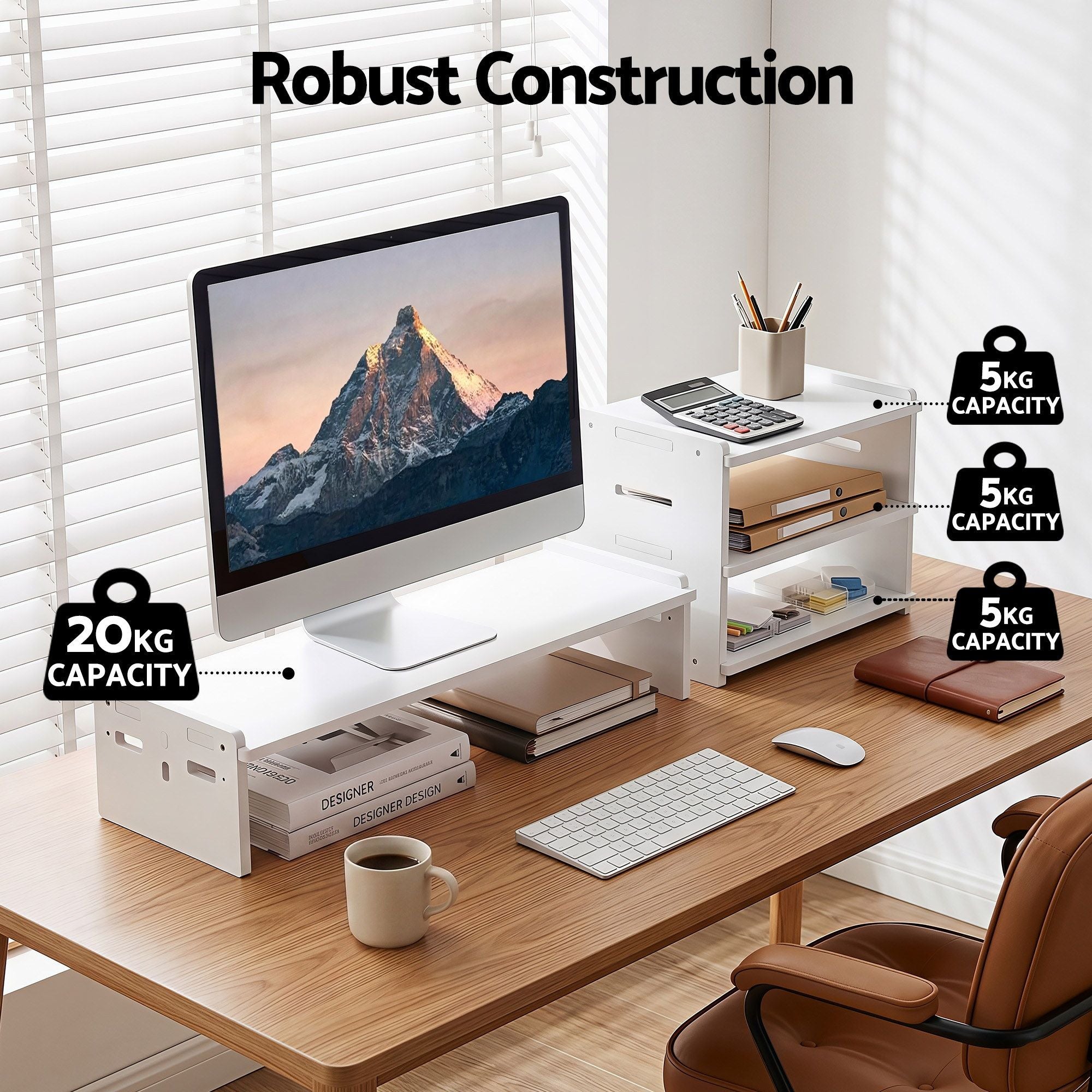 Artiss Monitor Stand and 3-Tier Desk Organiser 2-in-1 Modular Computer Monitor Riser PVC Desktop Shelf Holds 20kg for Office Students Gaming Bedworld