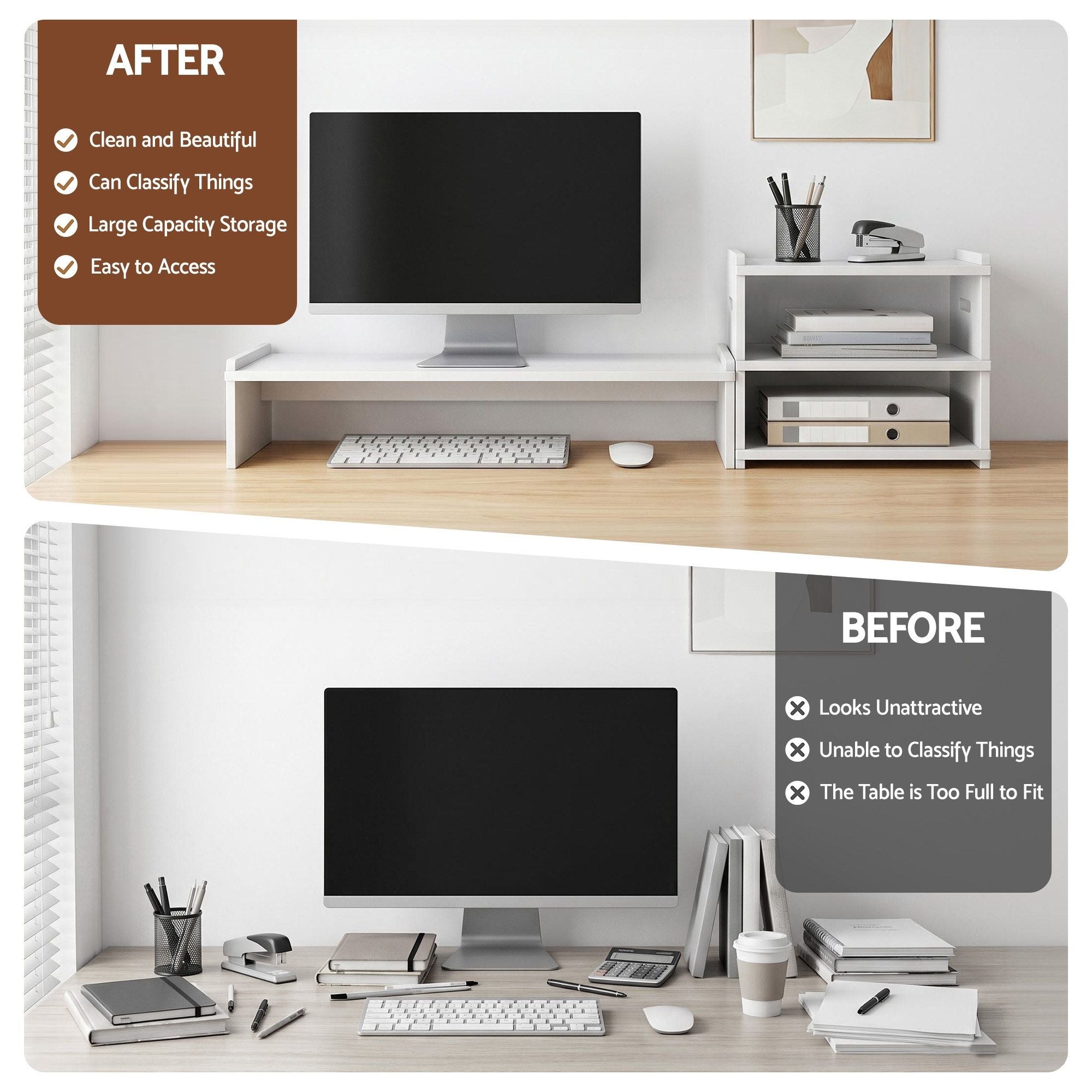 Artiss Monitor Stand and 3-Tier Desk Organiser 2-in-1 Modular Computer Monitor Riser PVC Desktop Shelf Holds 20kg for Office Students Gaming Bedworld
