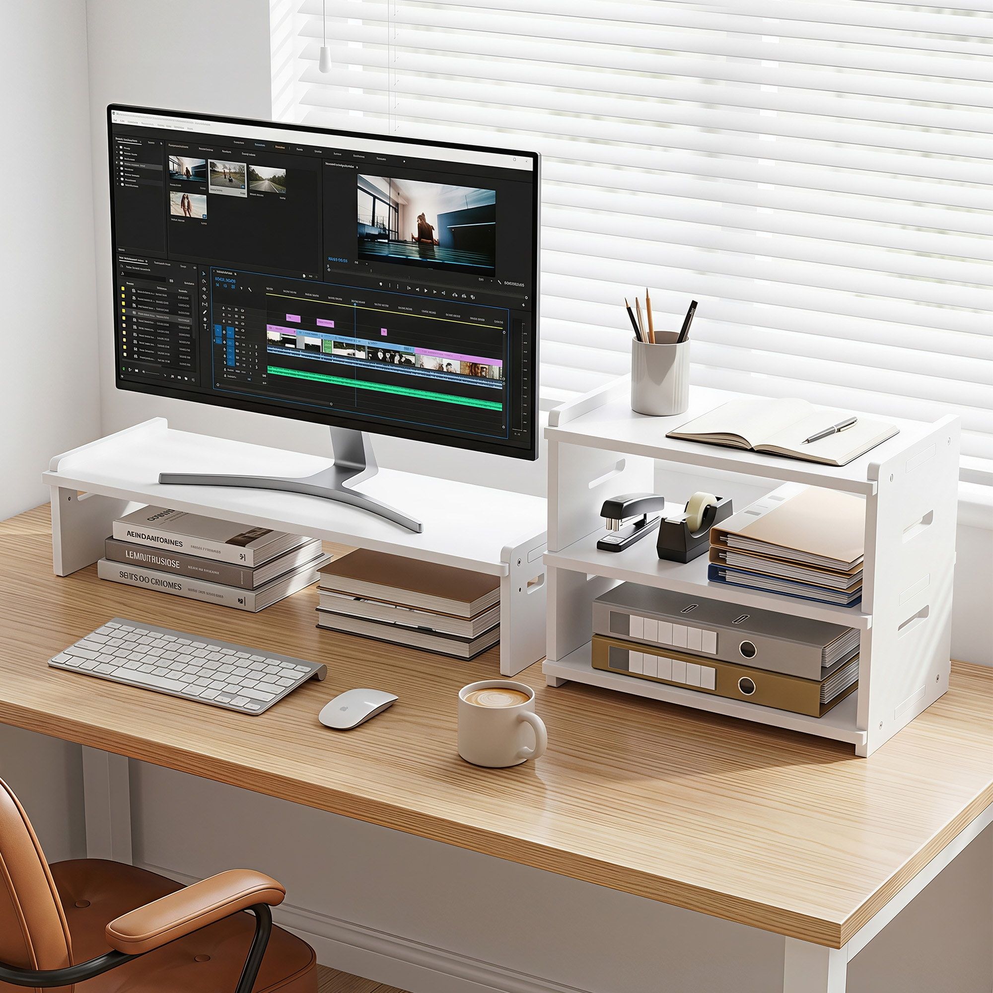 Artiss Monitor Stand and 3-Tier Desk Organiser 2-in-1 Modular Computer Monitor Riser PVC Desktop Shelf Holds 20kg for Office Students Gaming Bedworld