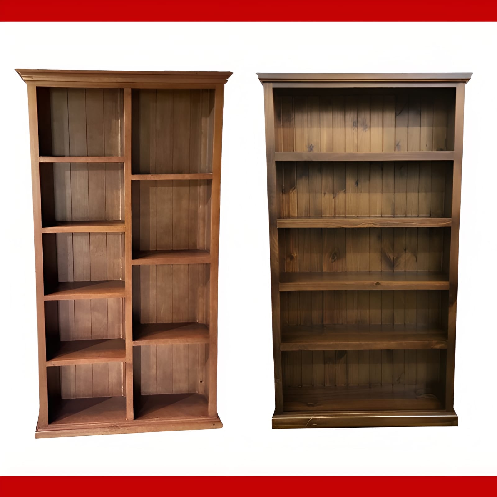 Two wooden bookshelves on a white background with red borders.
