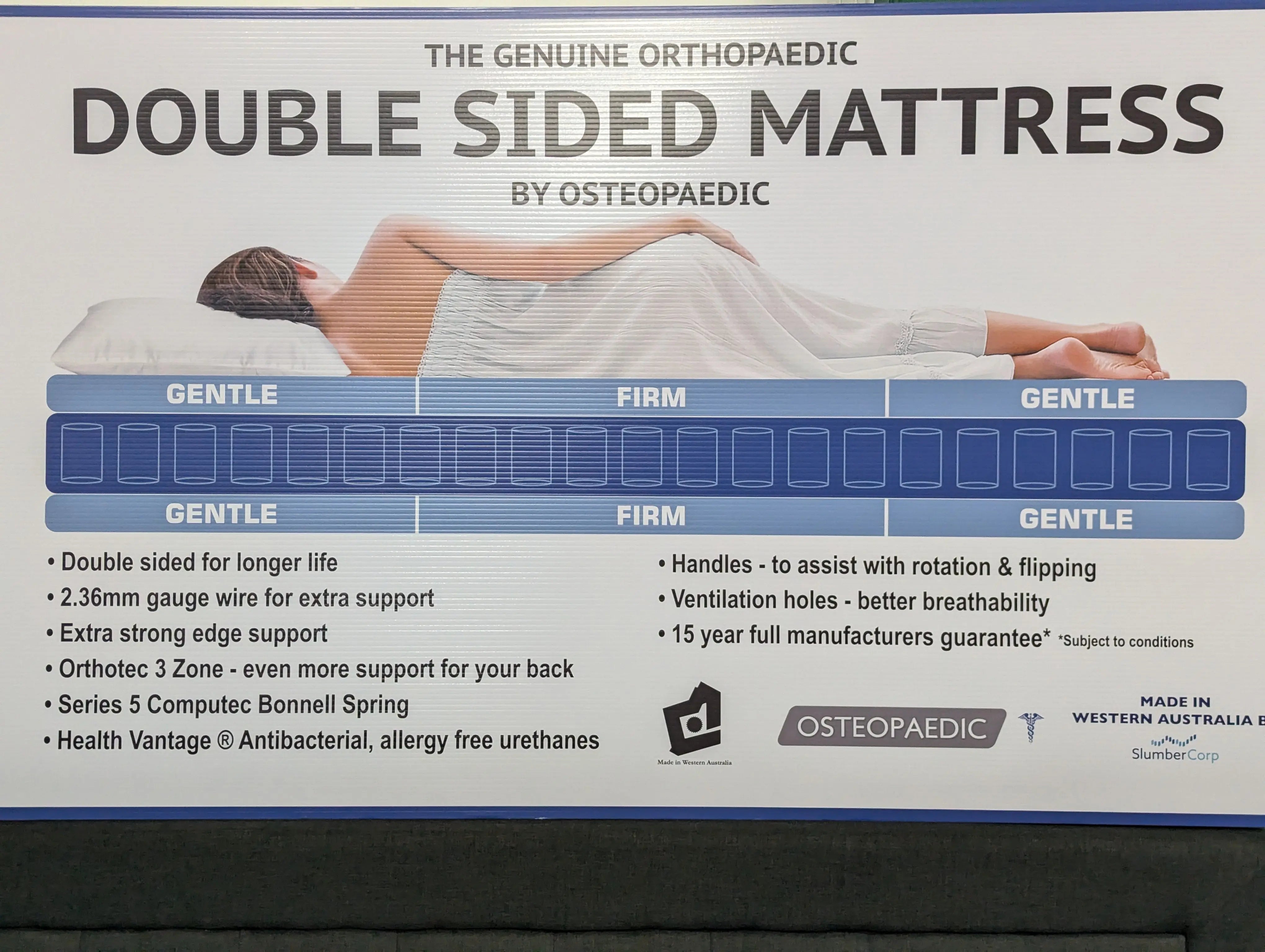 Double-sided mattress box panel by Osteopaedic, firmness diagram labeled gentle and firm