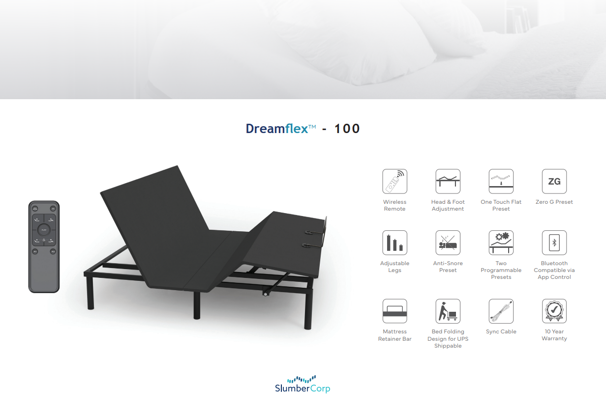 Dreamflex adjustable bed with remote control on a white background