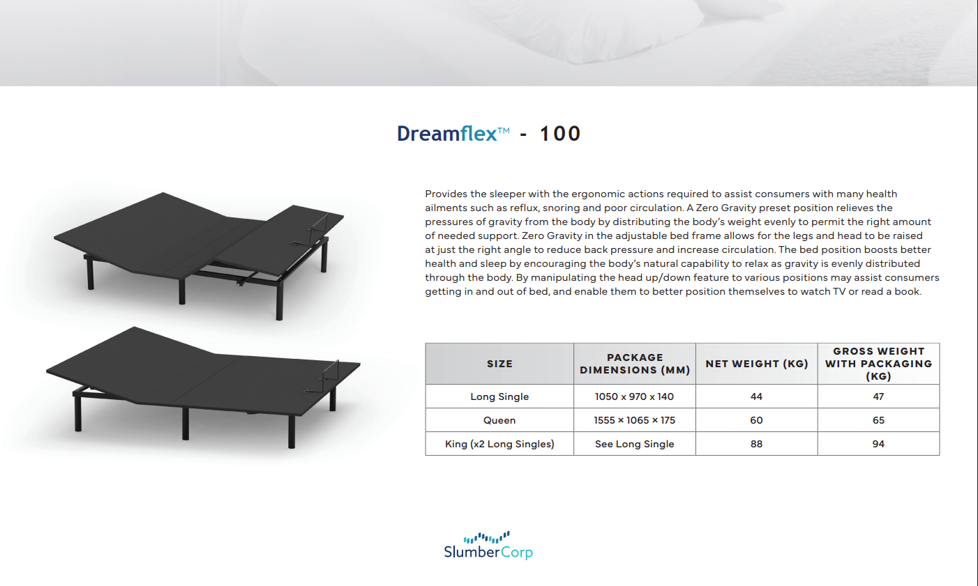 Dreamflex 100 adjustable bed with specifications on a white background