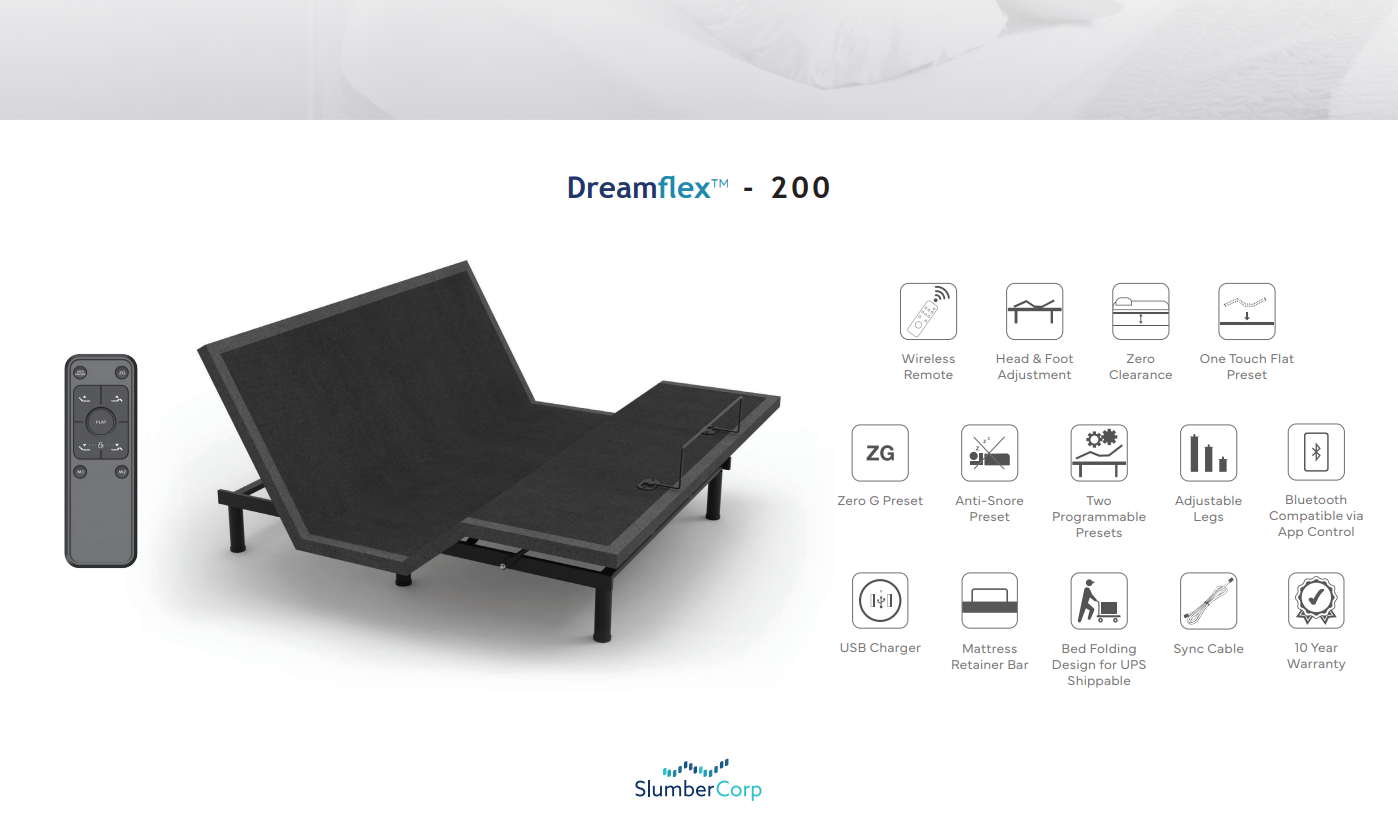 Dreamflex 200 adjustable bed with remote control on a white background