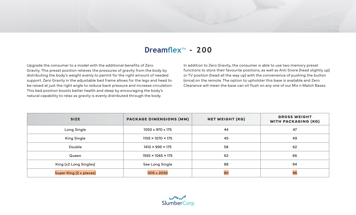 Product specifications for Dreamflex 200 mattress on a white background