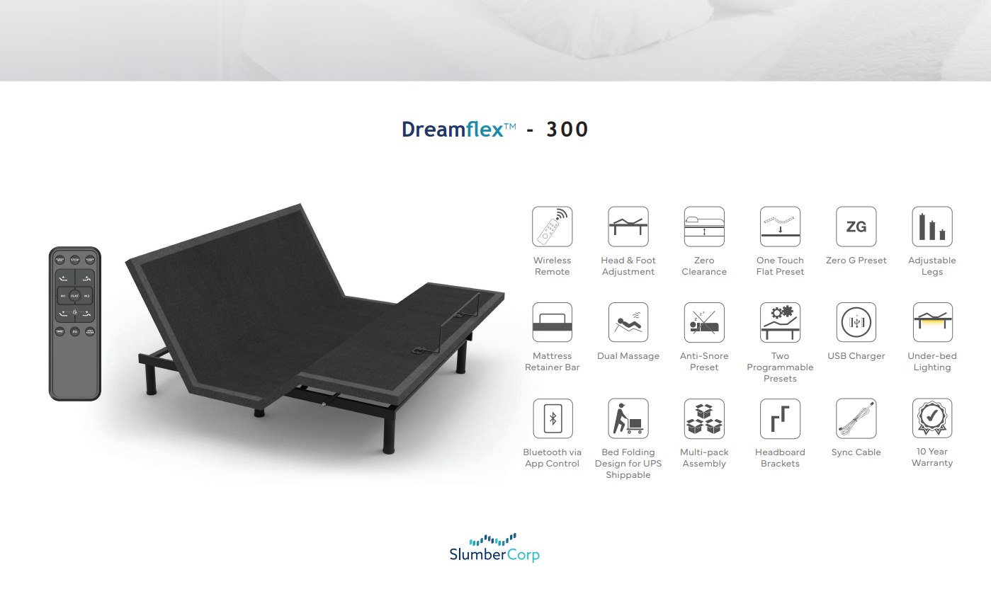Dreamflex 300 adjustable bed with remote control on a white background