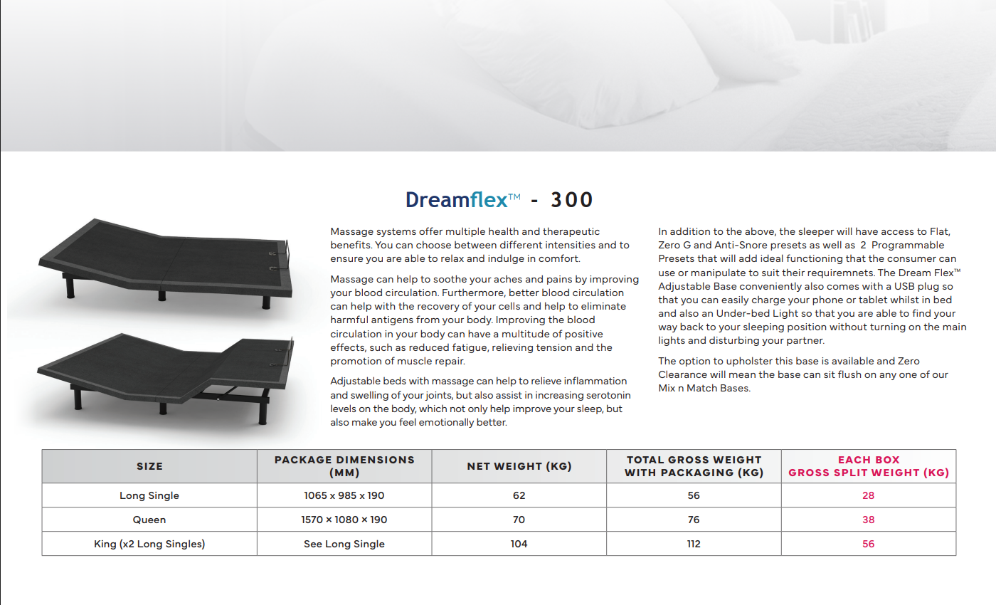 Massage bed with 'Dreamflex' branding and specifications on a gray background