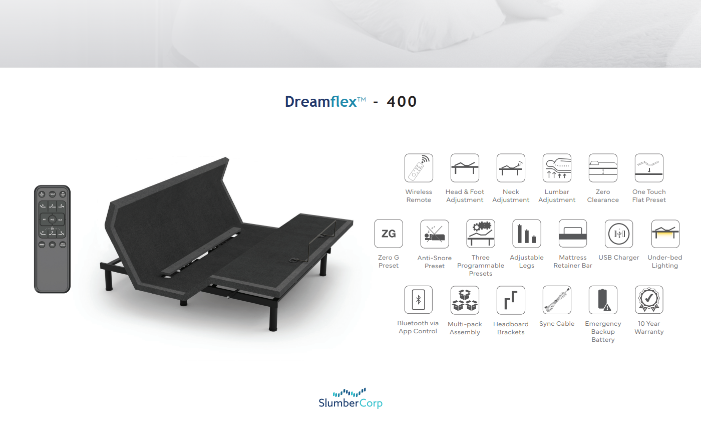 Dreamflex 400 adjustable bed with remote control on a white background