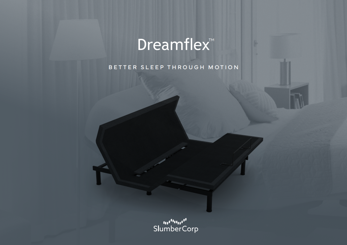 Dreamflex adjustable bed in a bedroom setting with 'SlumberCorp' branding.