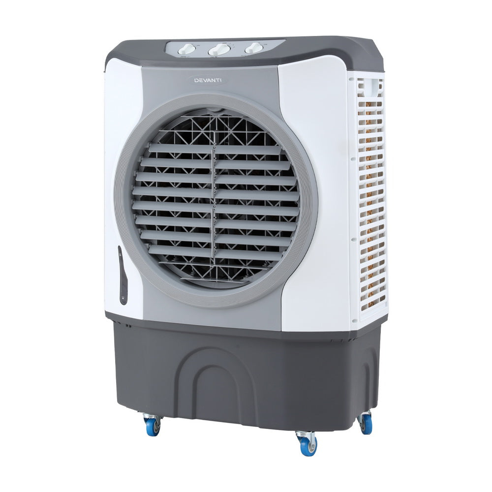 Commercial evaporative air cooler with circular front fan grille and top control panel
