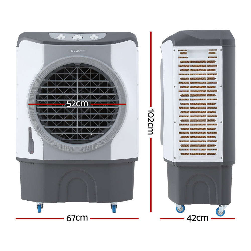 Commercial evaporative air cooler, side view with honeycomb filter panel and caster wheels