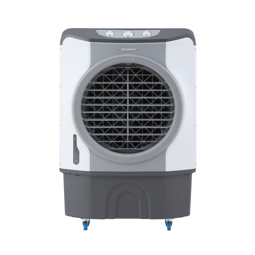 Commercial evaporative air cooler with round front grille and grey base housing