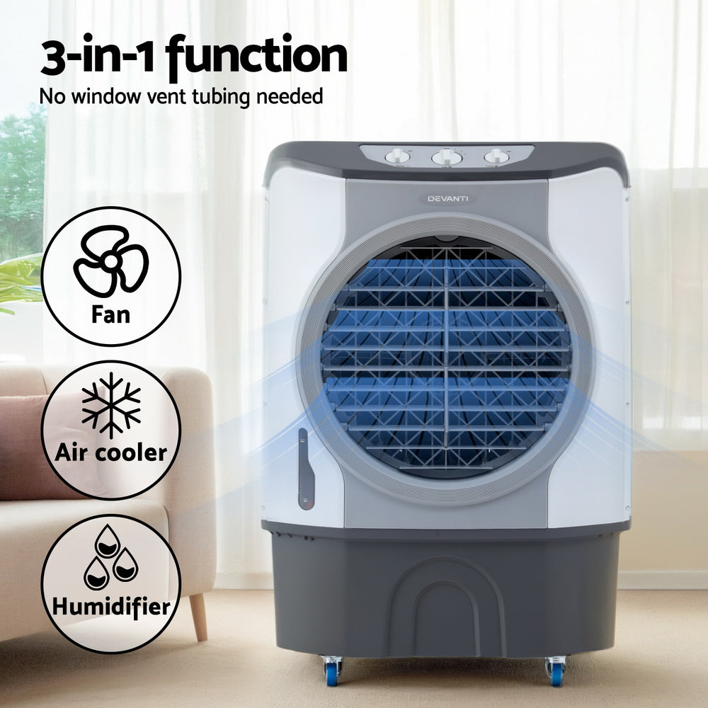 Commercial evaporative air cooler with circular fan inlet and cooling media window