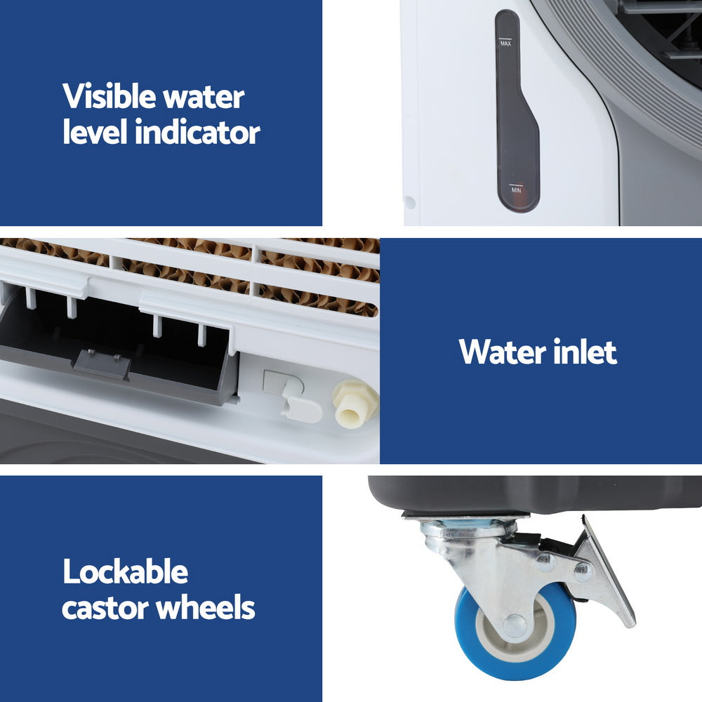 Commercial evaporative air cooler with water inlet port and lockable caster wheels