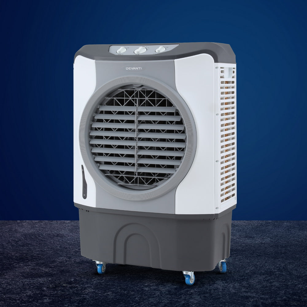 Commercial evaporative air cooler with front fan grille and rolling caster base