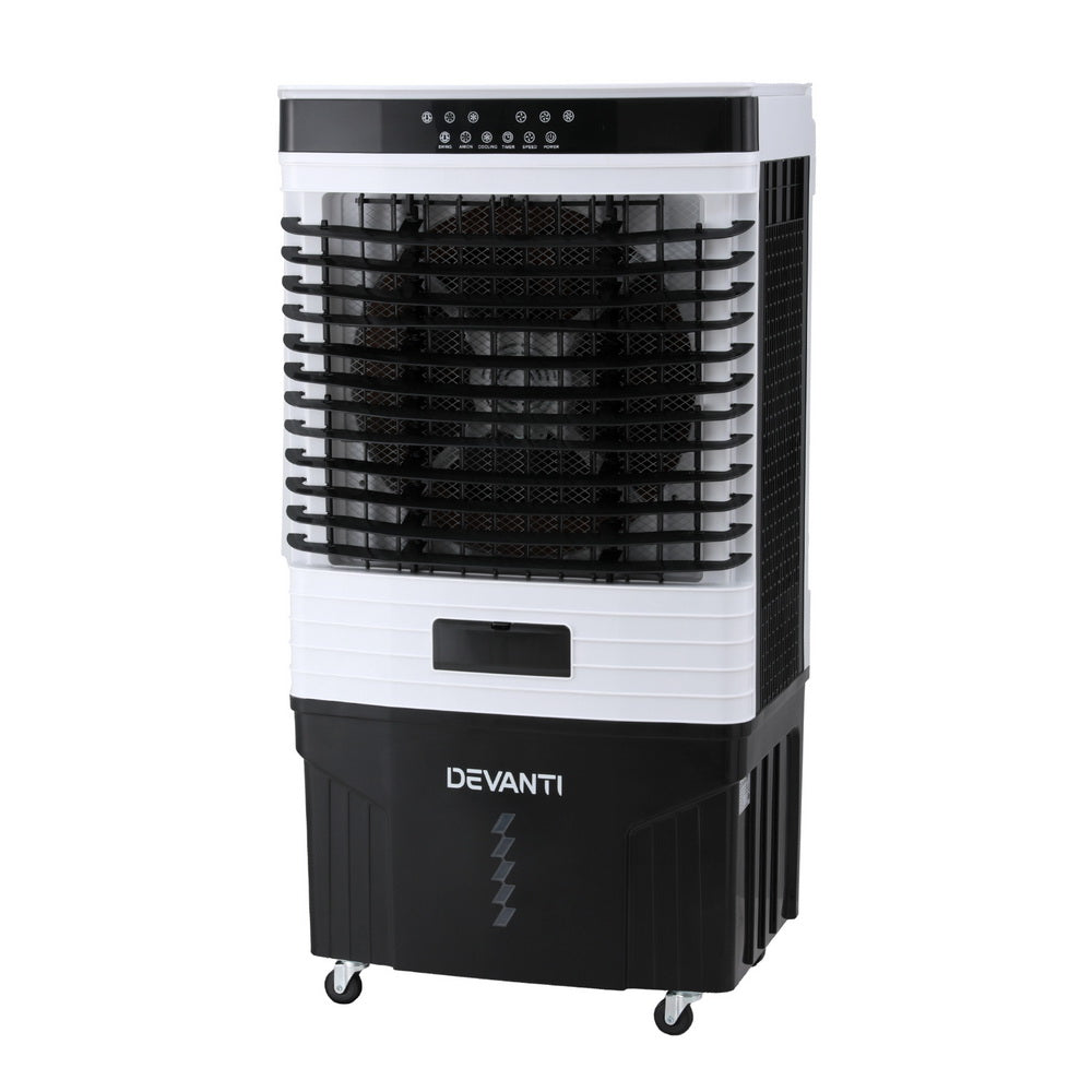 Evaporative air cooler with black mesh fan grille, top control panel, white and black body